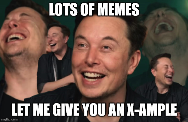 Elon Musk Laughing | LOTS OF MEMES LET ME GIVE YOU AN X-AMPLE | image tagged in elon musk laughing | made w/ Imgflip meme maker