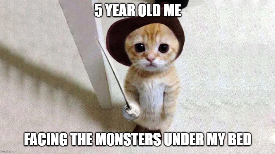 they scary | 5 YEAR OLD ME; FACING THE MONSTERS UNDER MY BED | image tagged in cat in boots,memes,childhood | made w/ Imgflip meme maker