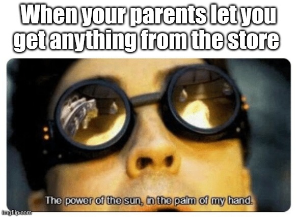 The power of the sun in the palm of my hand | When your parents let you get anything from the store | image tagged in the power of the sun in the palm of my hand | made w/ Imgflip meme maker