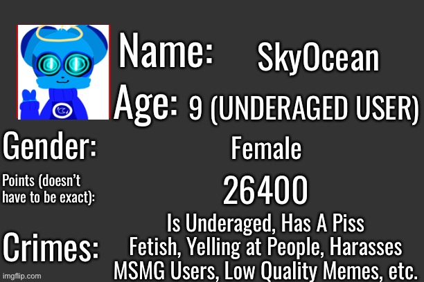 imgflip criminal record thing ig | SkyOcean; 9 (UNDERAGED USER); Female; 26400; Is Underaged, Has A Piss Fetish, Yelling at People, Harasses MSMG Users, Low Quality Memes, etc. | image tagged in imgflip criminal record thing ig | made w/ Imgflip meme maker