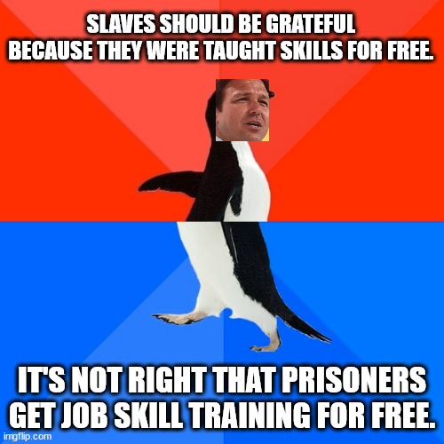 Woke/Unwoke Ron Desantis | SLAVES SHOULD BE GRATEFUL BECAUSE THEY WERE TAUGHT SKILLS FOR FREE. IT'S NOT RIGHT THAT PRISONERS GET JOB SKILL TRAINING FOR FREE. | image tagged in scumbag desantis,gop wants slavery back | made w/ Imgflip meme maker