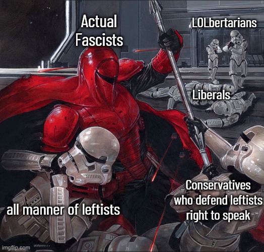 LOLbertarians; Actual Fascists; Liberals; Conservatives who defend leftists right to speak; all manner of leftists | made w/ Imgflip meme maker