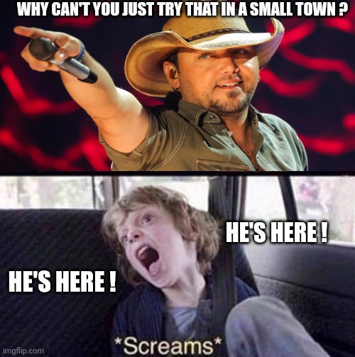 Why Can't You Just Be Normal | WHY CAN'T YOU JUST TRY THAT IN A SMALL TOWN ? HE'S HERE ! HE'S HERE ! | image tagged in why can't you just be normal | made w/ Imgflip meme maker