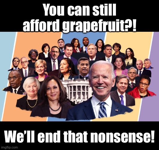 Biden's cabinet | You can still afford grapefruit?! We’ll end that nonsense! | image tagged in biden's cabinet | made w/ Imgflip meme maker