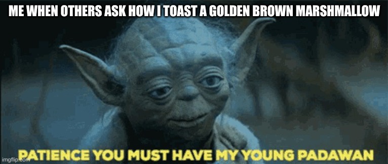 Patience padawan | ME WHEN OTHERS ASK HOW I TOAST A GOLDEN BROWN MARSHMALLOW | image tagged in patience padawan,memes | made w/ Imgflip meme maker