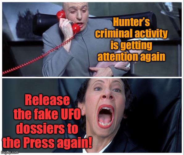 Dr Evil and Frau Yelling | Hunter’s criminal activity is getting attention again Release the fake UFO dossiers to the Press again! | image tagged in dr evil and frau yelling | made w/ Imgflip meme maker
