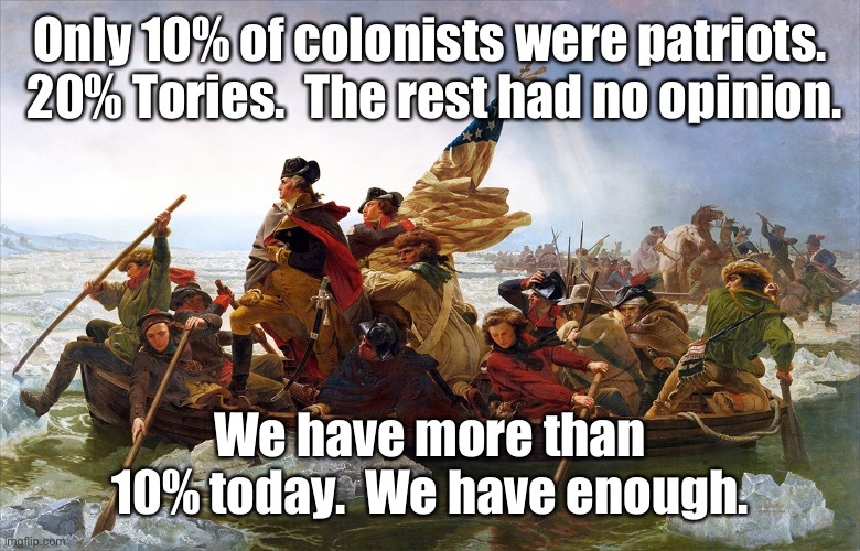 george washington | Only 10% of colonists were patriots.  20% Tories.  The rest had no opinion. We have more than 10% today.  We have enough. | image tagged in george washington | made w/ Imgflip meme maker