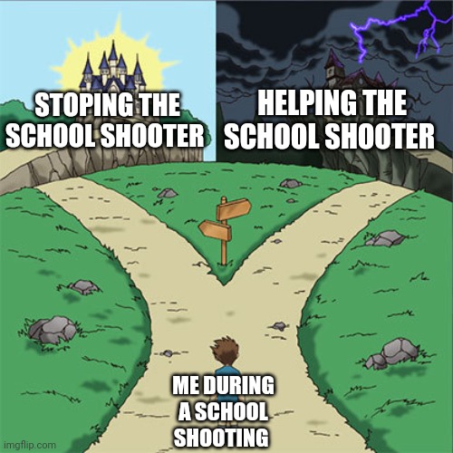 Two Paths | HELPING THE SCHOOL SHOOTER; STOPING THE SCHOOL SHOOTER; ME DURING A SCHOOL SHOOTING | image tagged in two paths | made w/ Imgflip meme maker