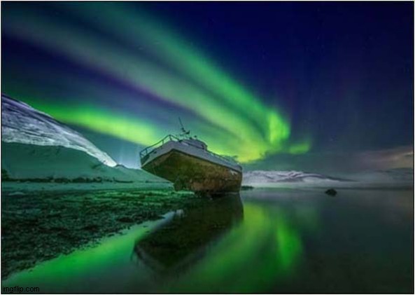 Polar Lights Over Shipwreck | image tagged in polar lights,shipwreck | made w/ Imgflip meme maker