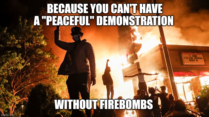 BLM Riots | BECAUSE YOU CAN'T HAVE A "PEACEFUL" DEMONSTRATION WITHOUT FIREBOMBS | image tagged in blm riots | made w/ Imgflip meme maker