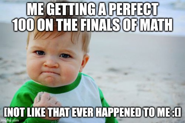 math | ME GETTING A PERFECT 100 ON THE FINALS OF MATH; [NOT LIKE THAT EVER HAPPENED TO ME :(] | image tagged in memes,success kid original,math | made w/ Imgflip meme maker
