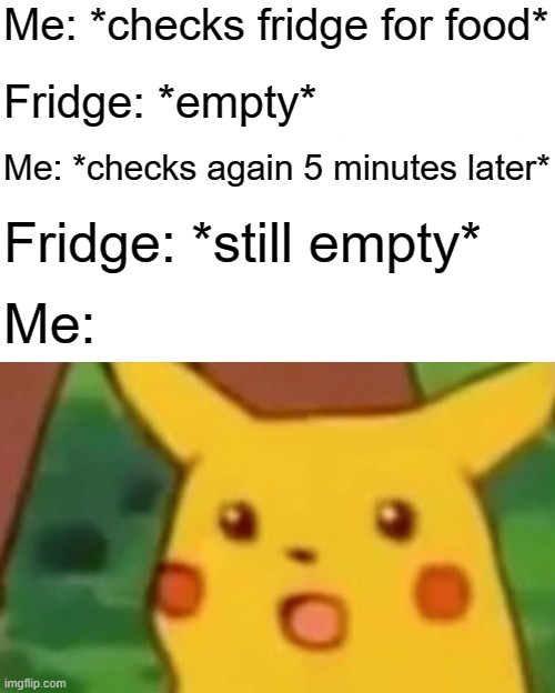 The Fridge | Me: *checks fridge for food*; Fridge: *empty*; Me: *checks again 5 minutes later*; Fridge: *still empty*; Me: | image tagged in memes,surprised pikachu,funny,at home memes,oh wow are you actually reading these tags | made w/ Imgflip meme maker