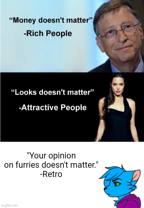 . | "Your opinion on furries doesn't matter."
-Retro | image tagged in money looks don't matter,retrothefloof,furry | made w/ Imgflip meme maker