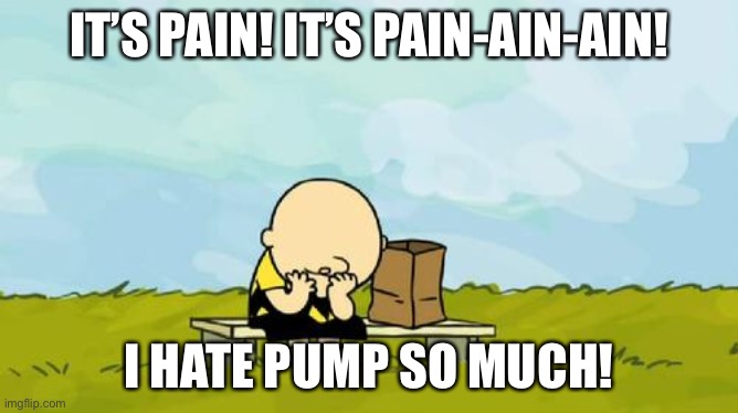 In my brain | IT’S PAIN! IT’S PAIN-AIN-AIN! I HATE PUMP SO MUCH! | image tagged in depressed charlie brown | made w/ Imgflip meme maker