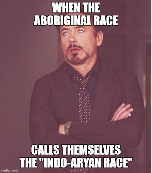 Indo-aryan | WHEN THE ABORIGINAL RACE; CALLS THEMSELVES THE "INDO-ARYAN RACE" | image tagged in memes,face you make robert downey jr,india,pakistan | made w/ Imgflip meme maker
