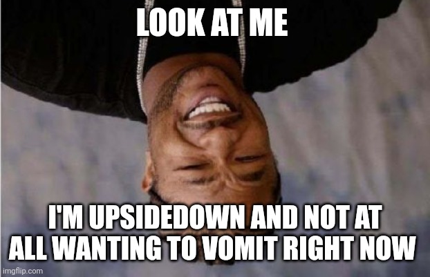 Another upside down one??? | LOOK AT ME; I'M UPSIDEDOWN AND NOT AT ALL WANTING TO VOMIT RIGHT NOW | image tagged in memes,yo dawg heard you | made w/ Imgflip meme maker