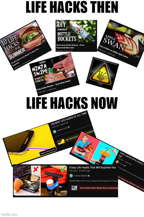 RIP Grant Thompson | LIFE HACKS THEN; LIFE HACKS NOW | image tagged in memes | made w/ Imgflip meme maker