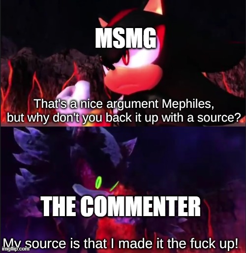 that's a nice argument mephiles but why don't you back it up | MSMG THE COMMENTER | image tagged in that's a nice argument mephiles but why don't you back it up | made w/ Imgflip meme maker