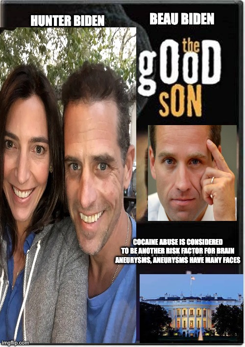 the good son - rohb/rupe | BEAU BIDEN; HUNTER BIDEN; COCAINE ABUSE IS CONSIDERED TO BE ANOTHER RISK FACTOR FOR BRAIN ANEURYSMS, ANEURYSMS HAVE MANY FACES | image tagged in hunter biden,joe biden | made w/ Imgflip meme maker