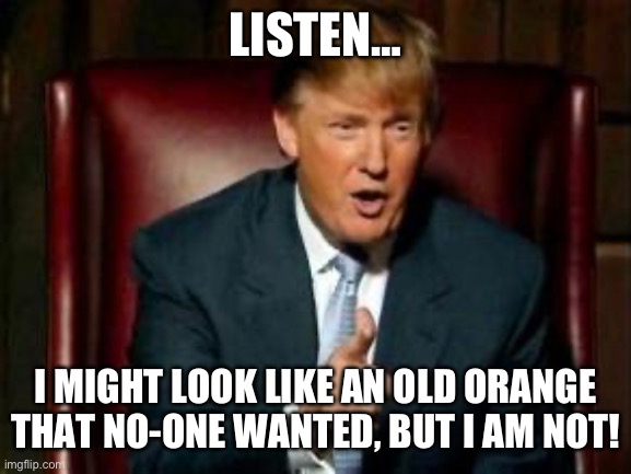 Donald Trump | LISTEN…; I MIGHT LOOK LIKE AN OLD ORANGE THAT NO-ONE WANTED, BUT I AM NOT! | image tagged in donald trump | made w/ Imgflip meme maker