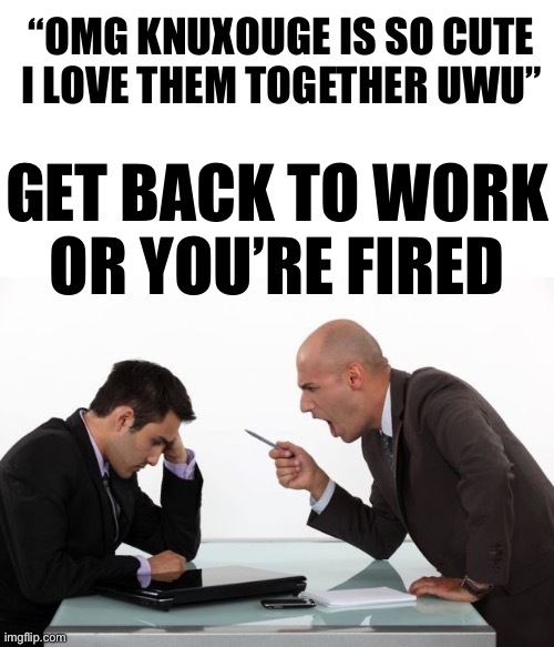 “OMG KNUXOUGE IS SO CUTE I LOVE THEM TOGETHER UWU”; GET BACK TO WORK
OR YOU’RE FIRED | made w/ Imgflip meme maker