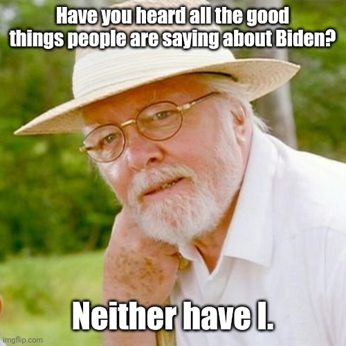 81 million votes my ass! | Have you heard all the good things people are saying about Biden? Neither have I. | image tagged in john hammond | made w/ Imgflip meme maker