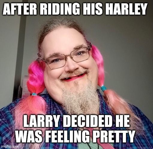 Biker | AFTER RIDING HIS HARLEY; LARRY DECIDED HE WAS FEELING PRETTY | image tagged in biker | made w/ Imgflip meme maker