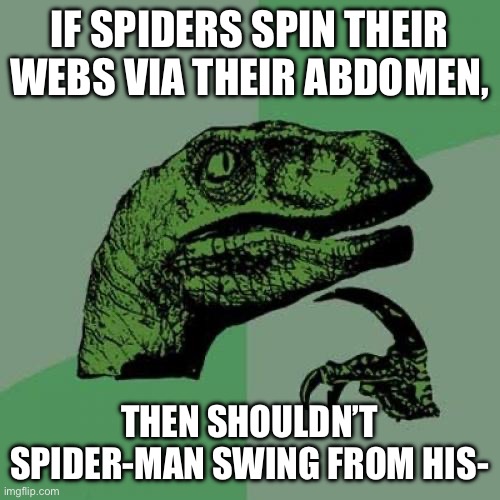 Hmmm... | IF SPIDERS SPIN THEIR WEBS VIA THEIR ABDOMEN, THEN SHOULDN’T SPIDER-MAN SWING FROM HIS- | image tagged in memes,philosoraptor,spiderman,hmmmmmmm,shower thoughts,butt | made w/ Imgflip meme maker