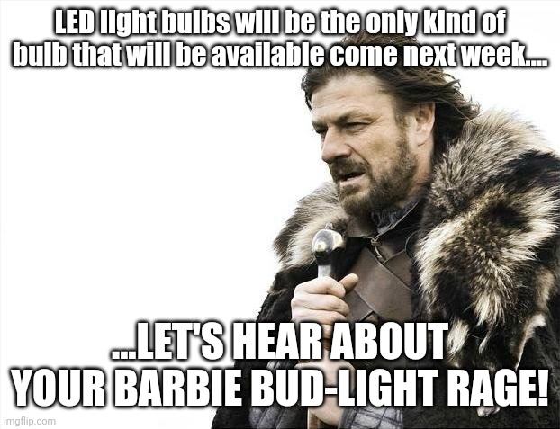 Can you see what matters? | LED light bulbs will be the only kind of bulb that will be available come next week.... ...LET'S HEAR ABOUT YOUR BARBIE BUD-LIGHT RAGE! | image tagged in memes,brace yourselves x is coming | made w/ Imgflip meme maker