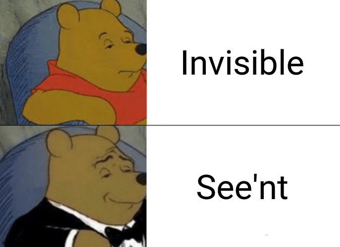 I don't know what to put here | Invisible; See'nt | image tagged in memes,tuxedo winnie the pooh | made w/ Imgflip meme maker