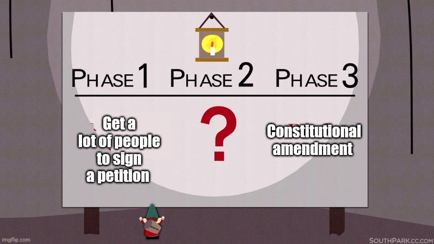 South Park Underpants Gnomes | Constitutional amendment; Get a lot of people to sign a petition | image tagged in south park underpants gnomes | made w/ Imgflip meme maker