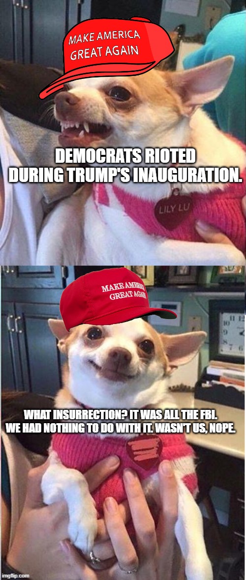 Shameless. | DEMOCRATS RIOTED DURING TRUMP'S INAUGURATION. WHAT INSURRECTION? IT WAS ALL THE FBI. WE HAD NOTHING TO DO WITH IT. WASN'T US, NOPE. | image tagged in angry then happy maga dog- an an0nym0us template,hypocrisy,gop,shameless,spineless | made w/ Imgflip meme maker