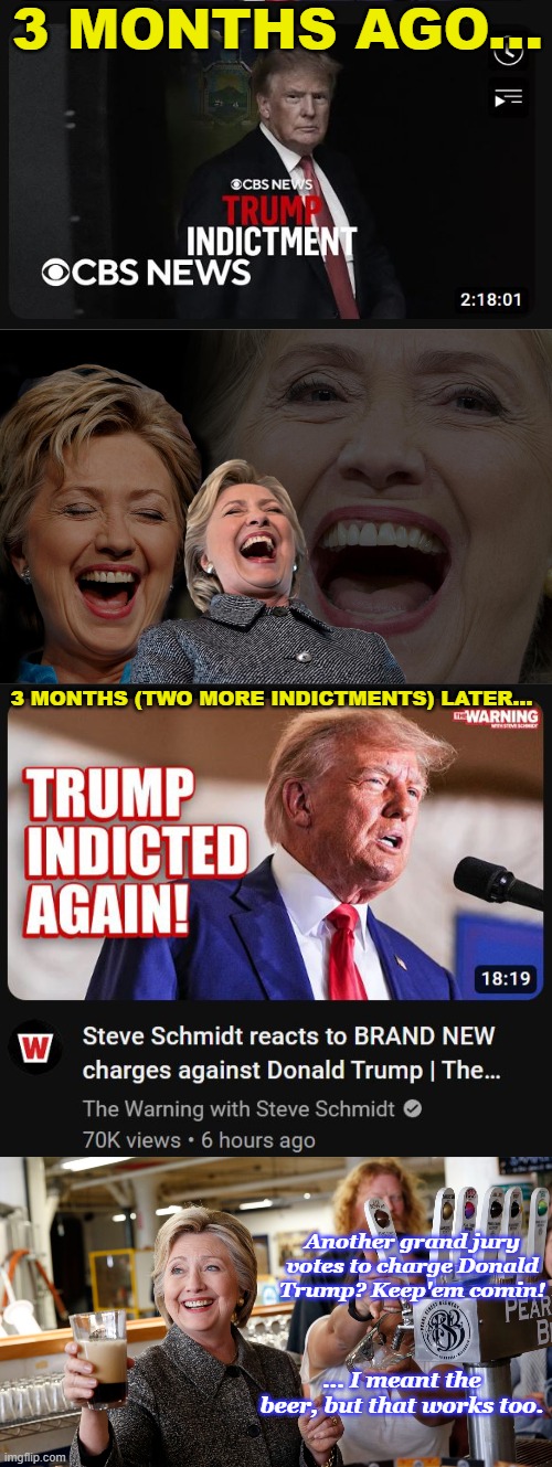 Triggered challenge - Read comments | 3 MONTHS AGO... 3 MONTHS (TWO MORE INDICTMENTS) LATER... Another grand jury votes to charge Donald Trump? Keep'em comin! ... I meant the beer, but that works too. | image tagged in hilary clinton laughing | made w/ Imgflip meme maker