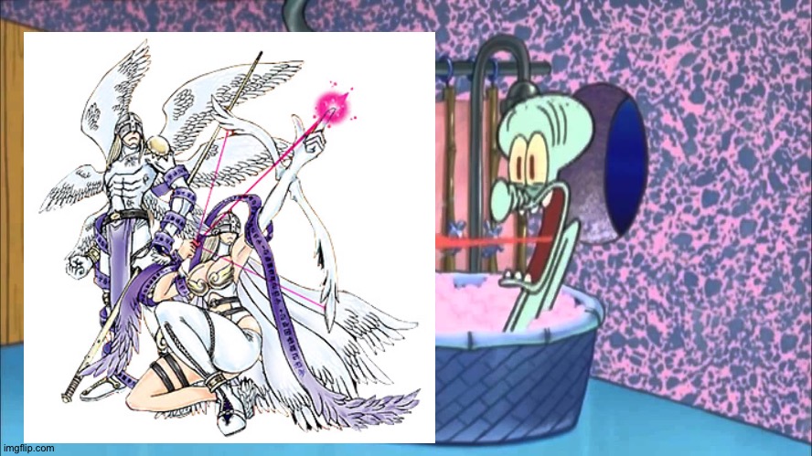 Angemon and Angewomon go to Squidward's house | image tagged in who dropped by squidward's house | made w/ Imgflip meme maker
