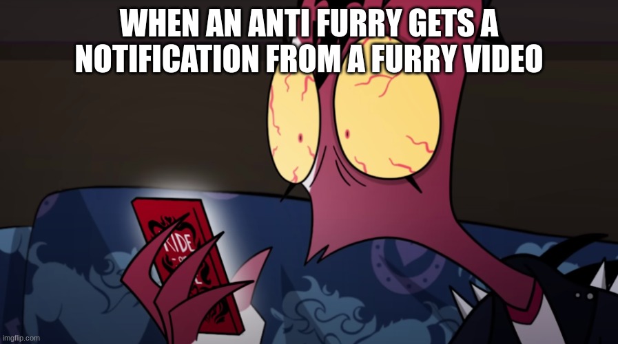 WHEN AN ANTI FURRY GETS A NOTIFICATION FROM A FURRY VIDEO | image tagged in helluva boss,fun,funny,anti fur | made w/ Imgflip meme maker