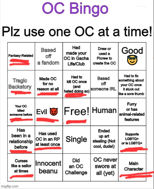 Yippie, one bingo! (Hell is technically a fantasy related thing right?..) | image tagged in oc bingo | made w/ Imgflip meme maker