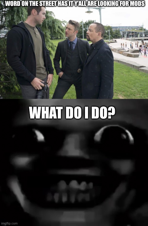 Word on the street | WORD ON THE STREET HAS IT Y’ALL ARE LOOKING FOR MODS; WHAT DO I DO? | image tagged in the word on the street | made w/ Imgflip meme maker