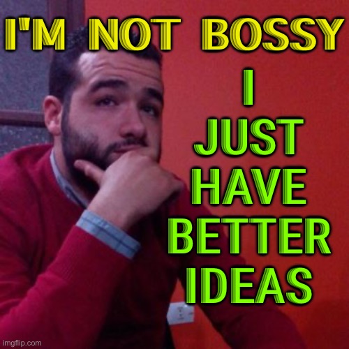 Not Bossy | I'M NOT BOSSY; I 
JUST 
HAVE 
BETTER 
IDEAS | image tagged in bossy joe | made w/ Imgflip meme maker