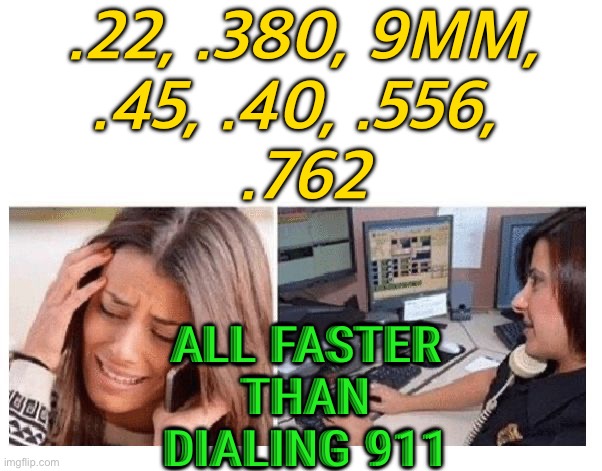 All Faster Than Dialing 911 | .22, .380, 9MM, 
.45, .40, .556, 
.762; ALL FASTER THAN DIALING 911 | image tagged in woman calls 911 dispatcher | made w/ Imgflip meme maker