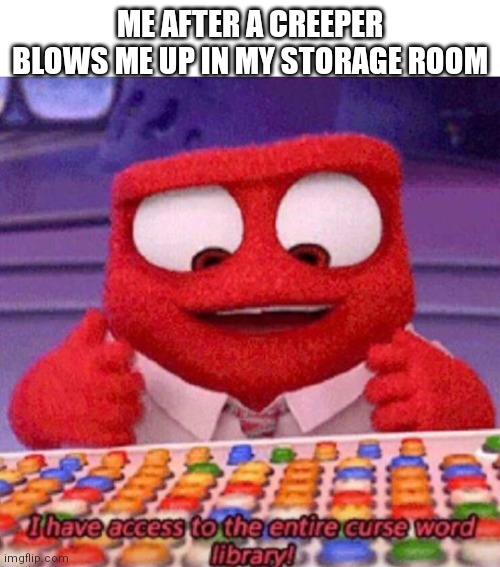 I have access to the entire curse world library | ME AFTER A CREEPER BLOWS ME UP IN MY STORAGE ROOM | image tagged in i have access to the entire curse world library,minecraft,rage,relatable | made w/ Imgflip meme maker