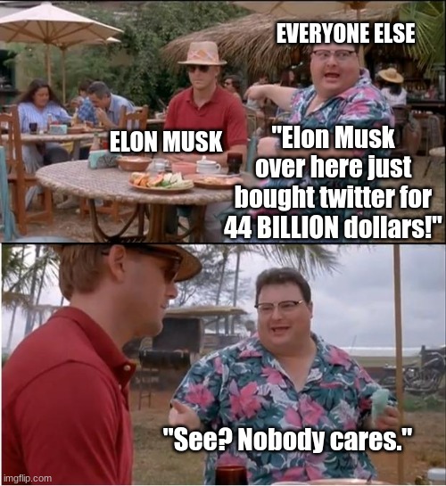 See Nobody Cares Meme | "Elon Musk over here just bought twitter for 44 BILLION dollars!" "See? Nobody cares." ELON MUSK EVERYONE ELSE | image tagged in memes,see nobody cares | made w/ Imgflip meme maker