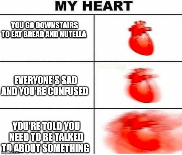 Only my family members will understand | YOU GO DOWNSTAIRS TO EAT BREAD AND NUTELLA; EVERYONE'S SAD AND YOU'RE CONFUSED; YOU'RE TOLD YOU NEED TO BE TALKED TO ABOUT SOMETHING | image tagged in heartbeat | made w/ Imgflip meme maker