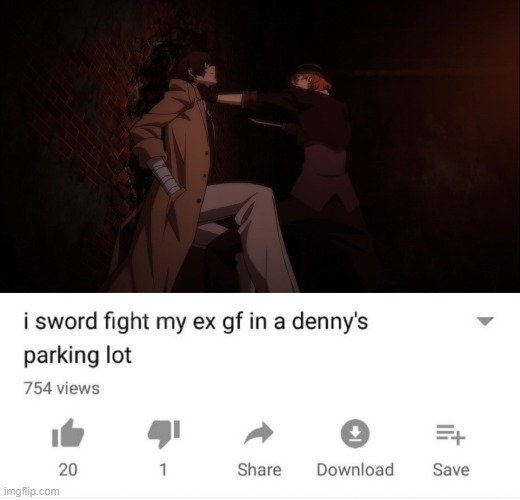 you cannot tell me this isn't canon | image tagged in i sword fight my ex gf in a denny's parking lot,soukoku,dazai,chuuya,bungou stray dogs | made w/ Imgflip meme maker