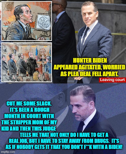 The corrupt Justice Department blocks and covers for him and still his chops get busted. | HUNTER BIDEN APPEARED AGITATED, WORRIED AS PLEA DEAL FELL APART. CUT ME SOME SLACK.  IT'S BEEN A ROUGH MONTH IN COURT WITH THE STRIPPER MOM OF MY KID AND THEN THIS JUDGE; TELLS ME THAT NOT ONLY DO I HAVE TO GET A REAL JOB, BUT I HAVE TO STAY AWAY FROM DRUGS.  IT'S AS IF NOBODY GETS IT THAT YOU DON'T F**K WITH A BIDEN! | image tagged in yep | made w/ Imgflip meme maker