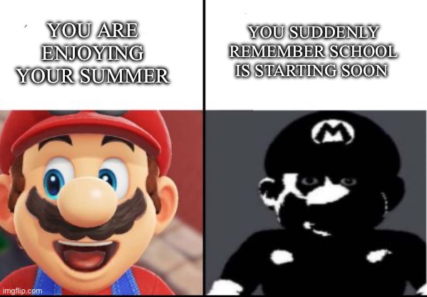 The summer’s gone by so fast | YOU SUDDENLY REMEMBER SCHOOL IS STARTING SOON; YOU ARE ENJOYING YOUR SUMMER | image tagged in happy mario vs dark mario,sad | made w/ Imgflip meme maker