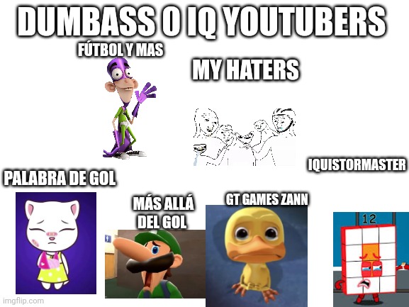 Blank White Template | DUMBASS 0 IQ YOUTUBERS PALABRA DE GOL MÁS ALLÁ DEL GOL GT GAMES ZANN IQUISTORMASTER FÚTBOL Y MAS MY HATERS | image tagged in blank white template | made w/ Imgflip meme maker