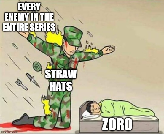 Why does this always happen | EVERY ENEMY IN THE ENTIRE SERIES; STRAW HATS; ZORO | image tagged in soldier protecting sleeping child | made w/ Imgflip meme maker