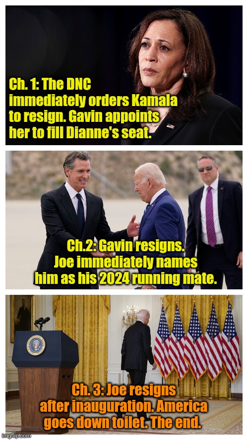 A Fairy Tale! Once upon a time, Dianne Feinstein resigned... | Ch. 1: The DNC immediately orders Kamala to resign. Gavin appoints her to fill Dianne's seat. Ch.2: Gavin resigns. Joe immediately names him as his 2024 running mate. Ch. 3: Joe resigns after inauguration. America goes down toilet. The end. | made w/ Imgflip meme maker