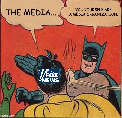 When Right-Wing Media Badmouths the Media | THE MEDIA... YOU YOURSELF ARE A MEDIA ORGANIZATION. | image tagged in memes,batman slapping robin | made w/ Imgflip meme maker
