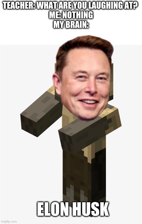 I am mentally unwell | TEACHER: WHAT ARE YOU LAUGHING AT? 
ME: NOTHING
MY BRAIN:; ELON HUSK | image tagged in elon musk,cursed image,minecraft memes,wtf | made w/ Imgflip meme maker